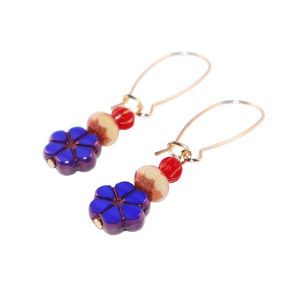 Blue Flower Beaded Earrings – Champagne and Red Beads