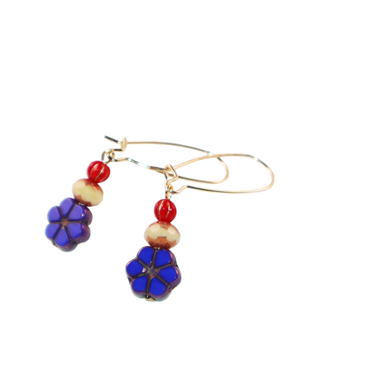Blue Flower Beaded Earrings – Champagne and Red Beads