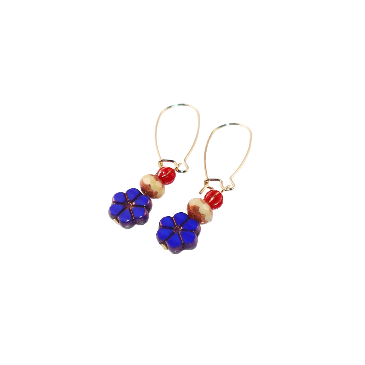 Blue Flower Beaded Earrings – Champagne and Red Beads