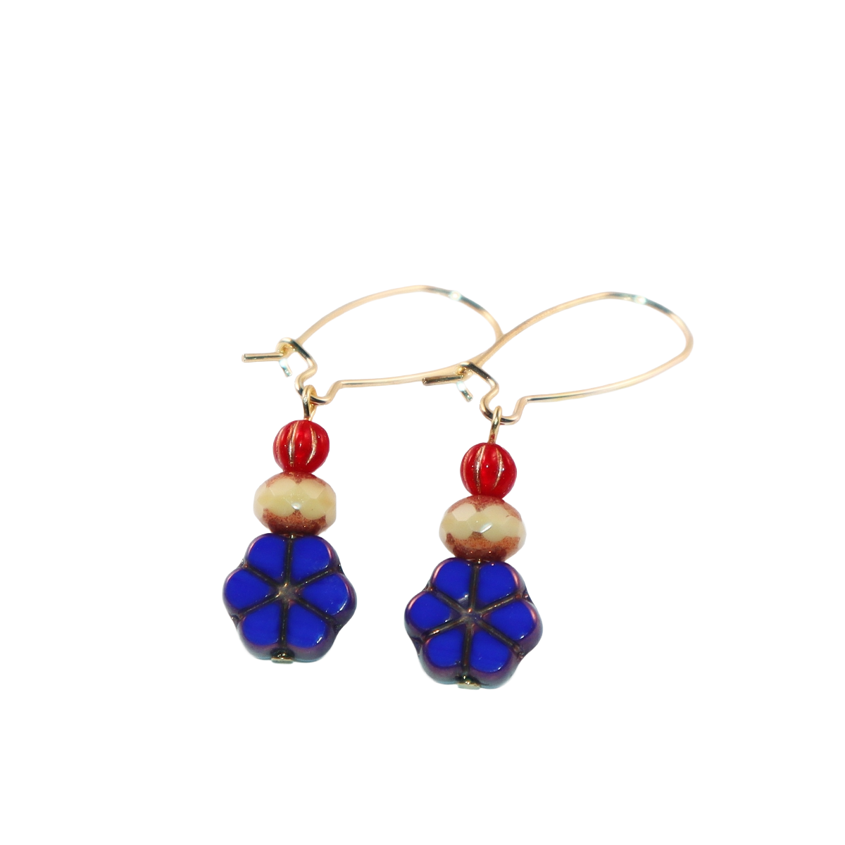 Blue Flower Beaded Earrings – Champagne and Red Beads