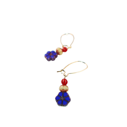 Blue Flower Beaded Earrings – Champagne and Red Beads