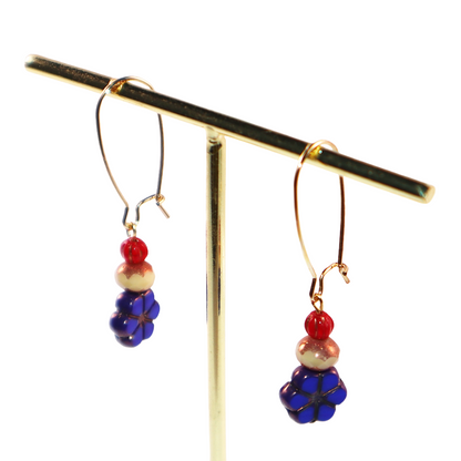 Blue Flower Beaded Earrings – Champagne and Red Beads