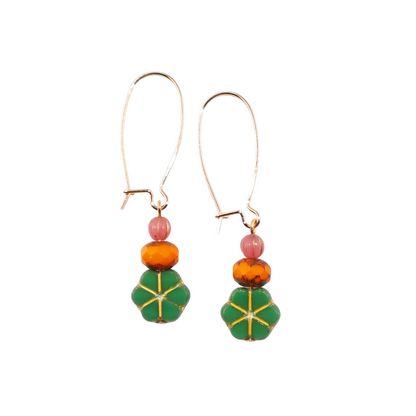 Green Floral Beaded Earrings – Orange and Pink Beads