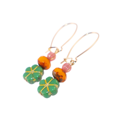 Green Floral Beaded Earrings – Orange and Pink Beads