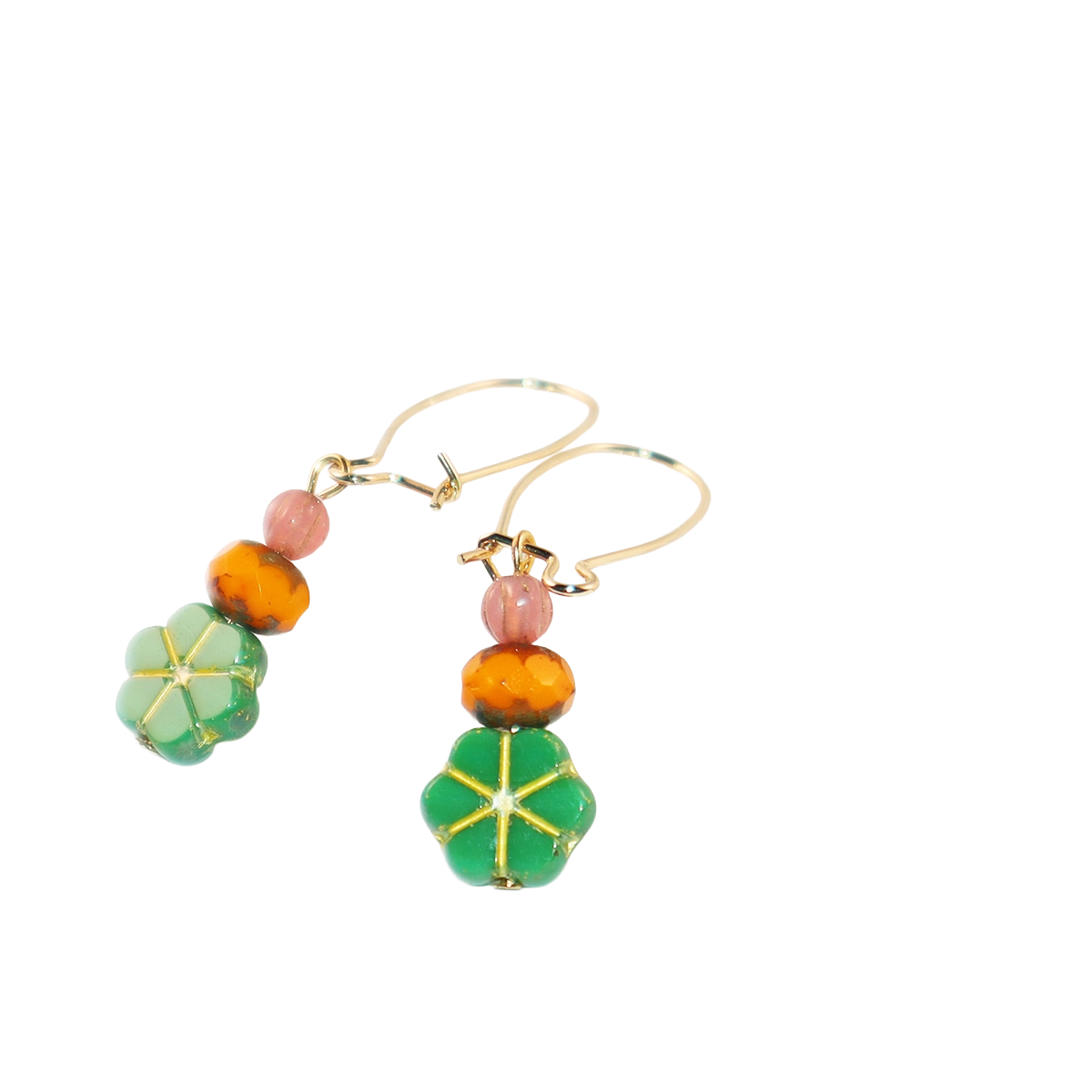 Green Floral Beaded Earrings – Orange and Pink Beads