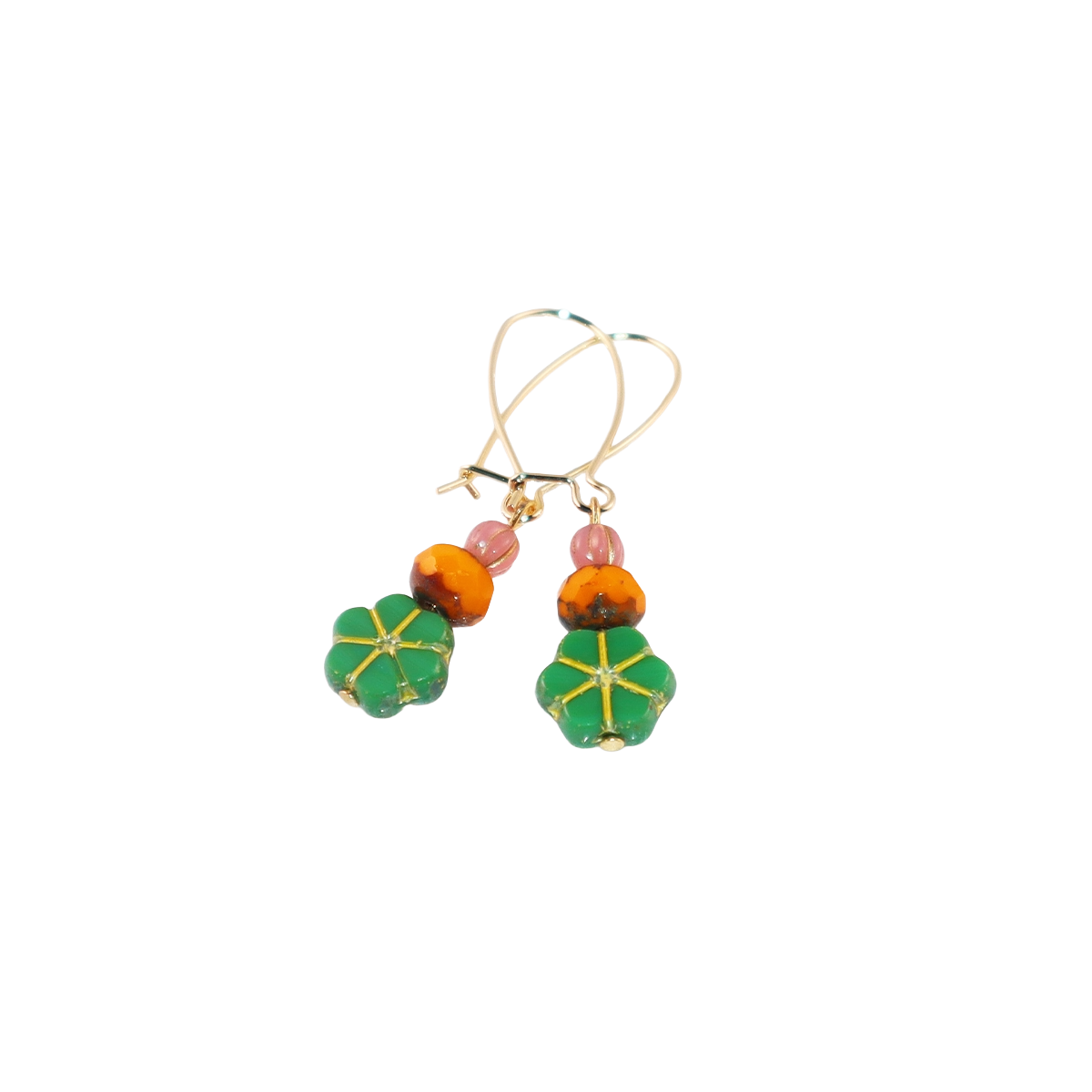 Green Floral Beaded Earrings – Orange and Pink Beads
