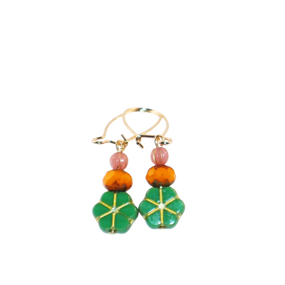 Green Floral Beaded Earrings – Orange and Pink Beads