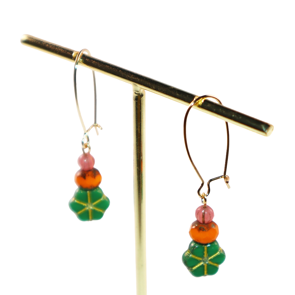 Green Floral Beaded Earrings – Orange and Pink Beads