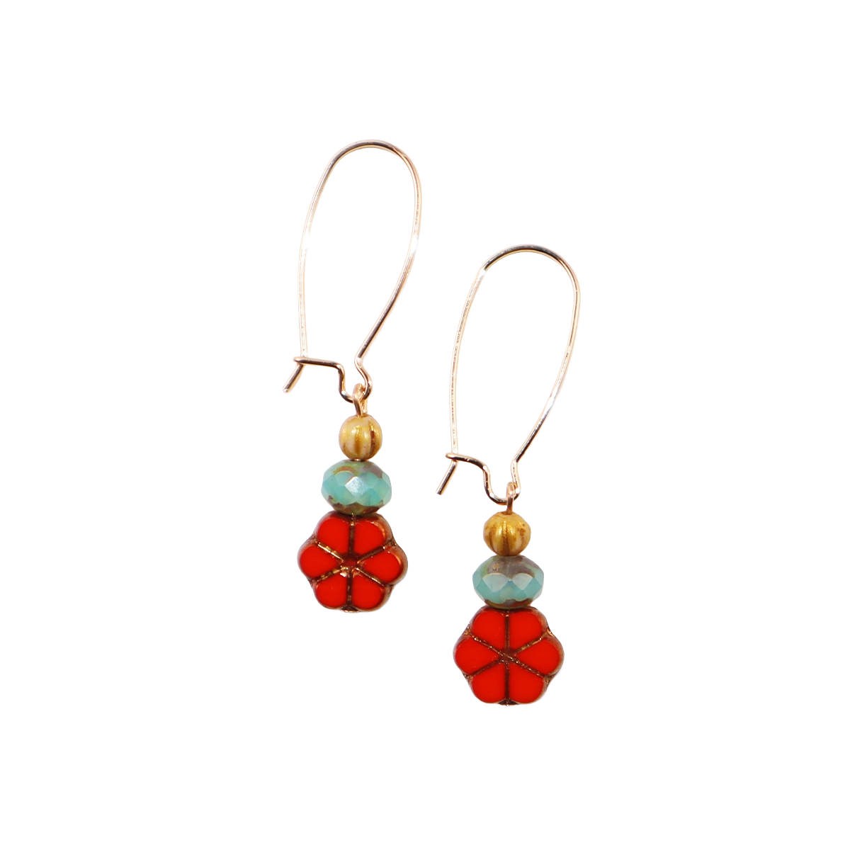 Red Floral Beaded Earrings – Colorful Triple Bead Design