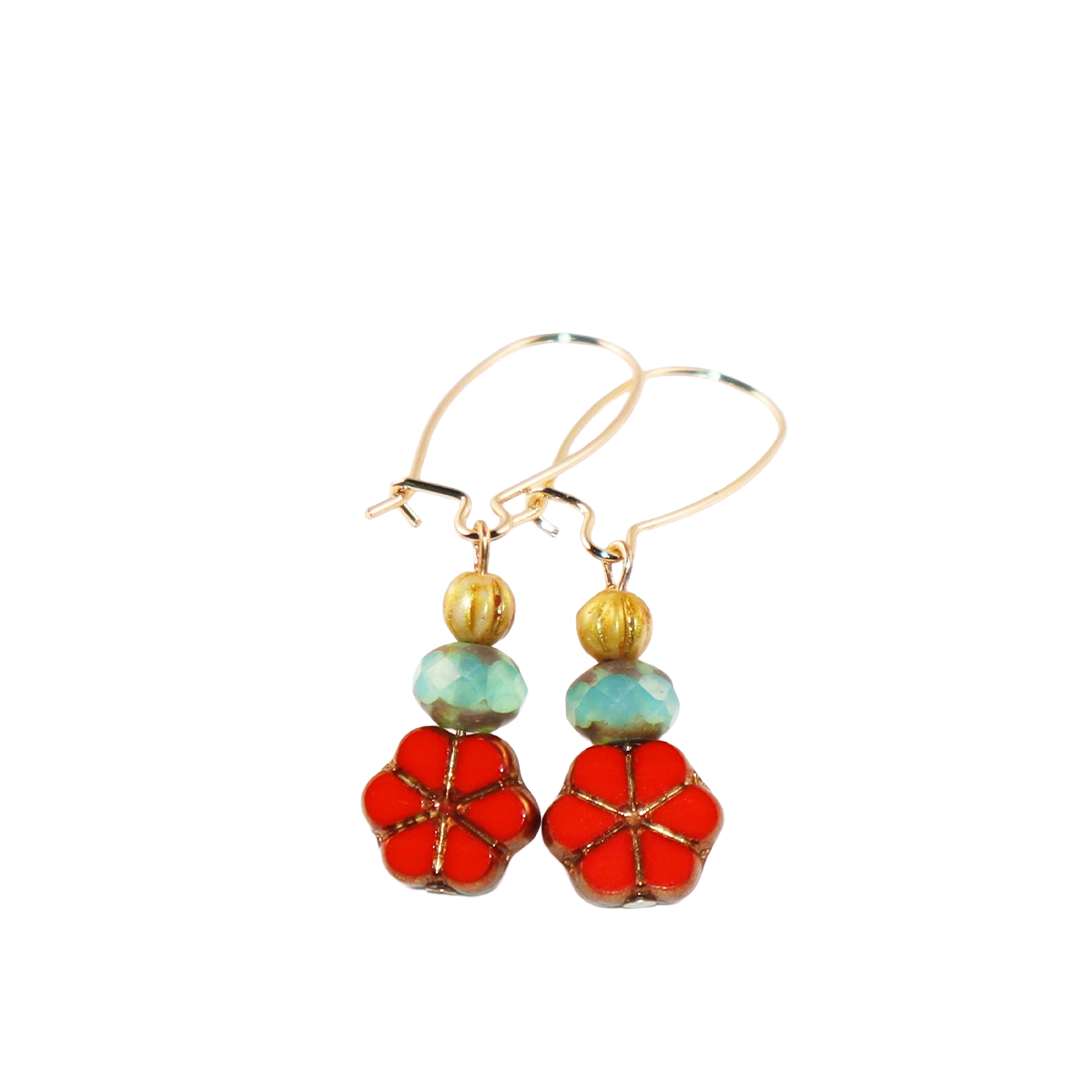 Red Floral Beaded Earrings – Colorful Triple Bead Design