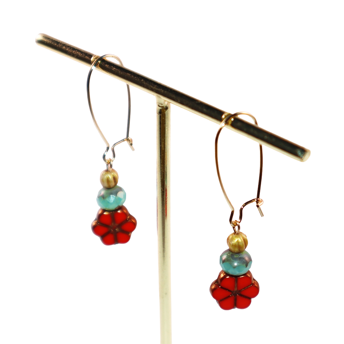 Red Floral Beaded Earrings – Colorful Triple Bead Design