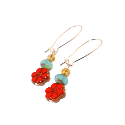 Red Floral Beaded Earrings – Colorful Triple Bead Design