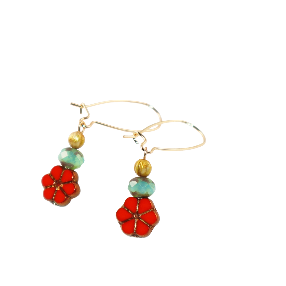 Red Floral Beaded Earrings – Colorful Triple Bead Design