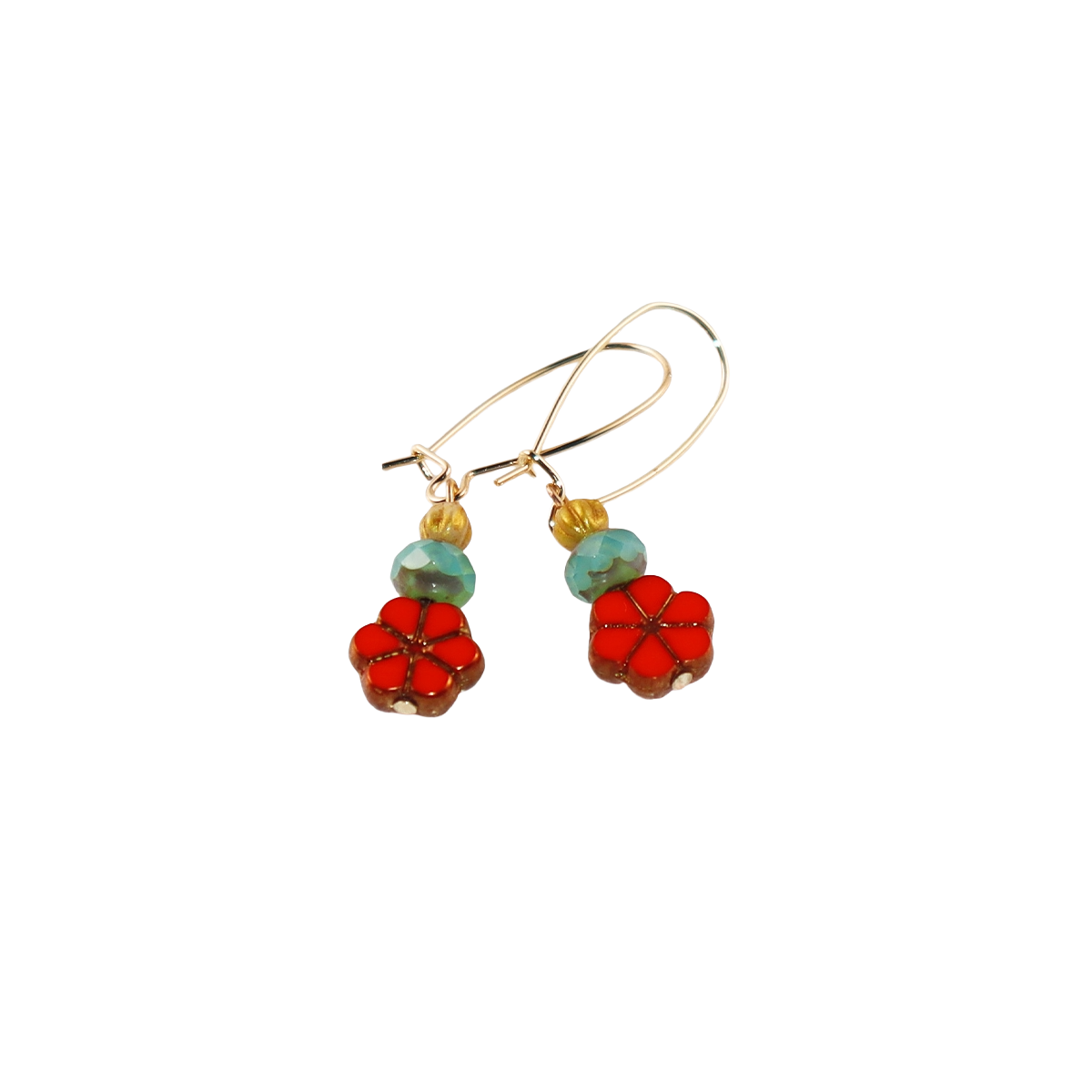 Red Floral Beaded Earrings – Colorful Triple Bead Design