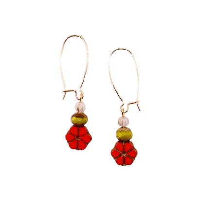 Red Floral Beaded Earrings – Green and White Beads