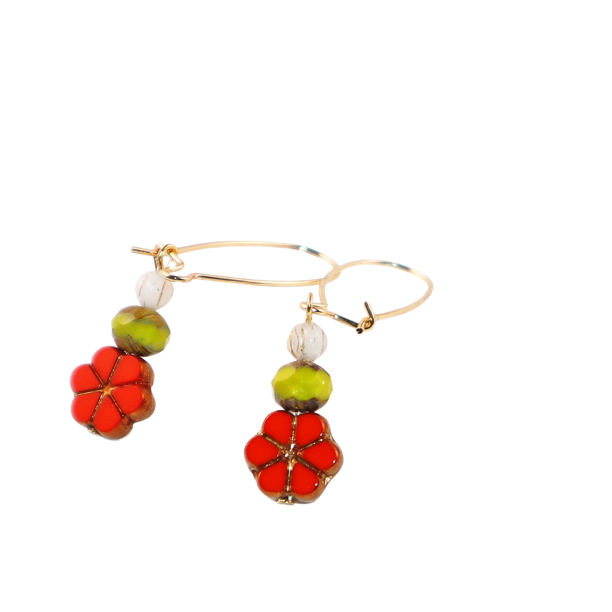 Red Floral Beaded Earrings – Green and White Beads