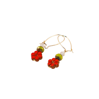Red Floral Beaded Earrings – Green and White Beads