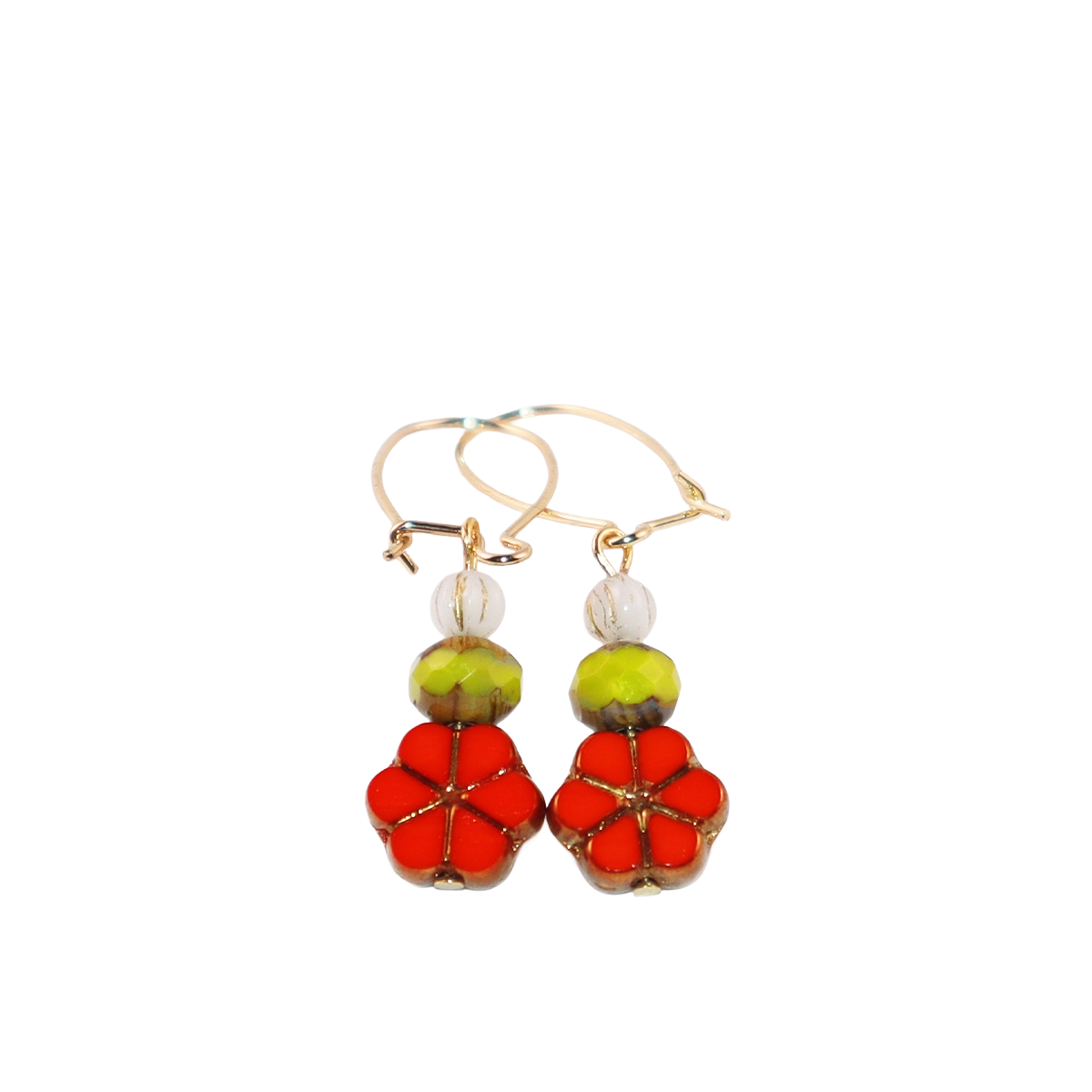 Red Floral Beaded Earrings – Green and White Beads