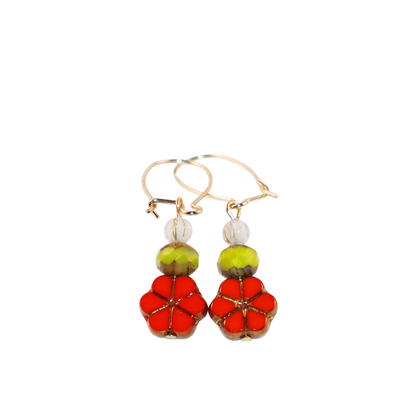 Red Floral Beaded Earrings – Green and White Beads