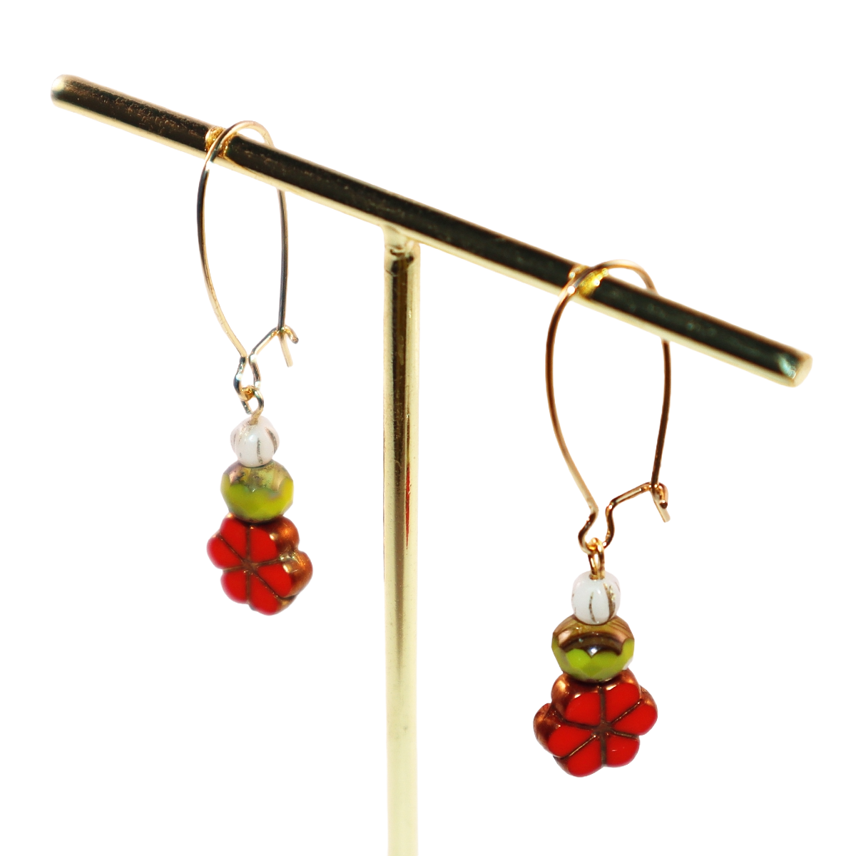 Red Floral Beaded Earrings – Green and White Beads