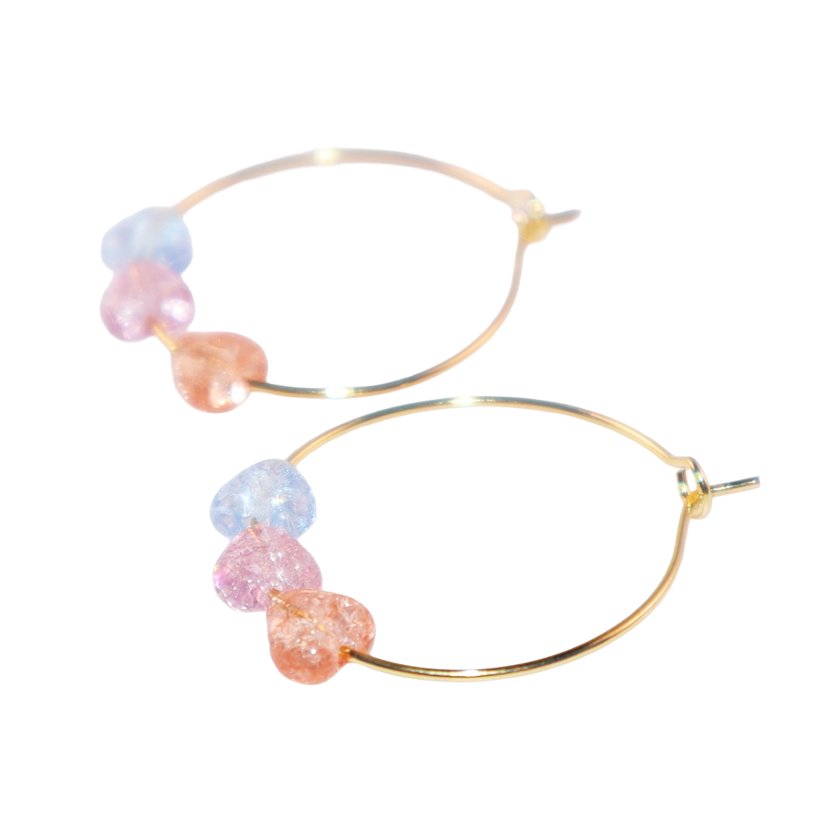 Three-Tone Heart Hoop Earrings – Pink, Blue, Orange Beads