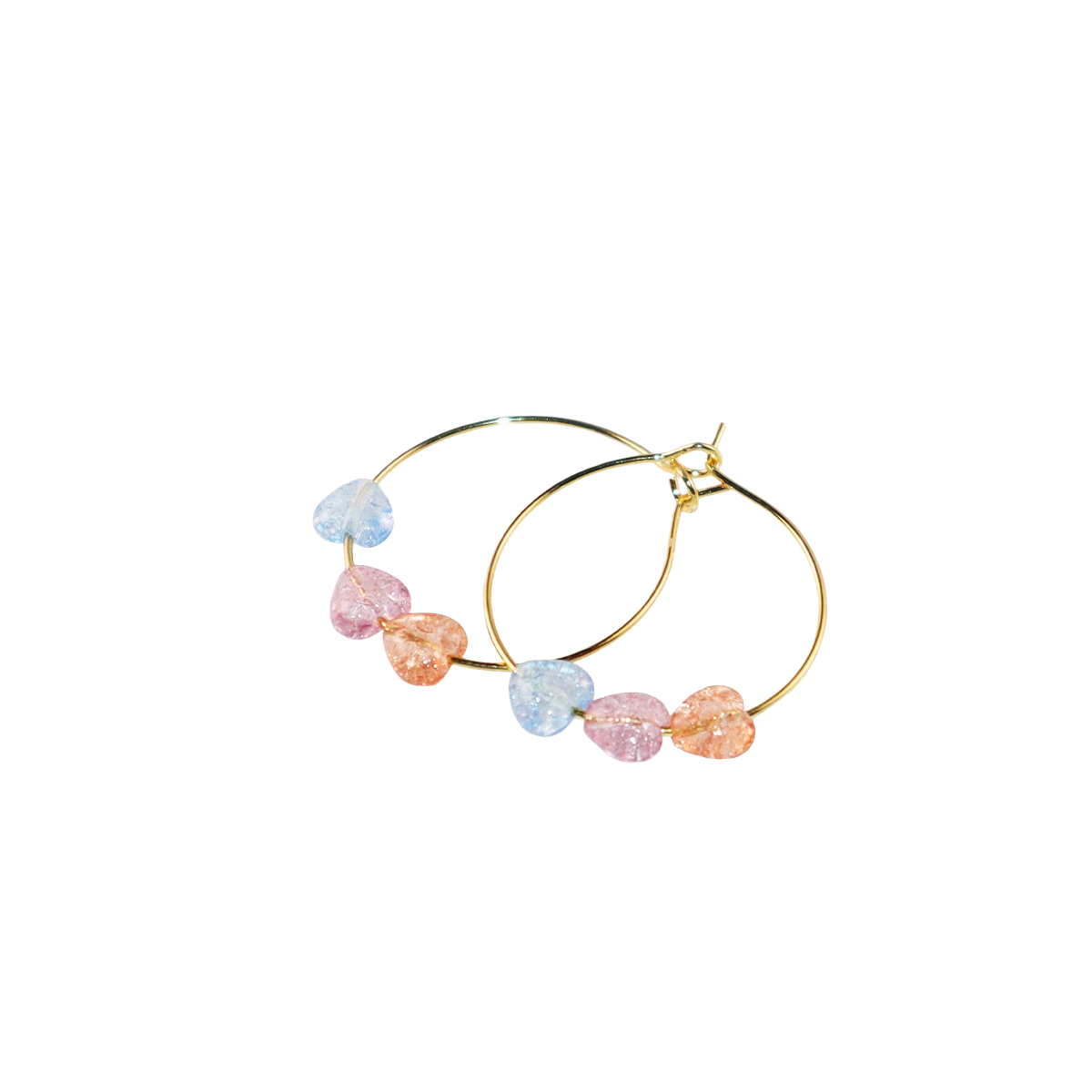 Three-Tone Heart Hoop Earrings – Pink, Blue, Orange Beads