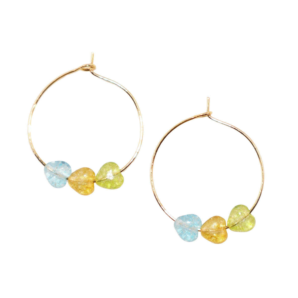 Multicolor Heart Hoop Earrings – Blue, Yellow, Green Beads