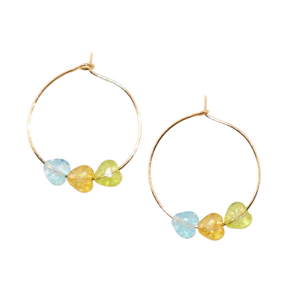 Multicolor Heart Hoop Earrings – Blue, Yellow, Green Beads
