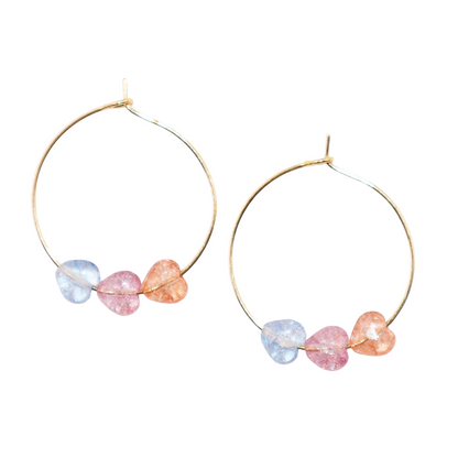 Three-Tone Heart Hoop Earrings – Pink, Blue, Orange Beads