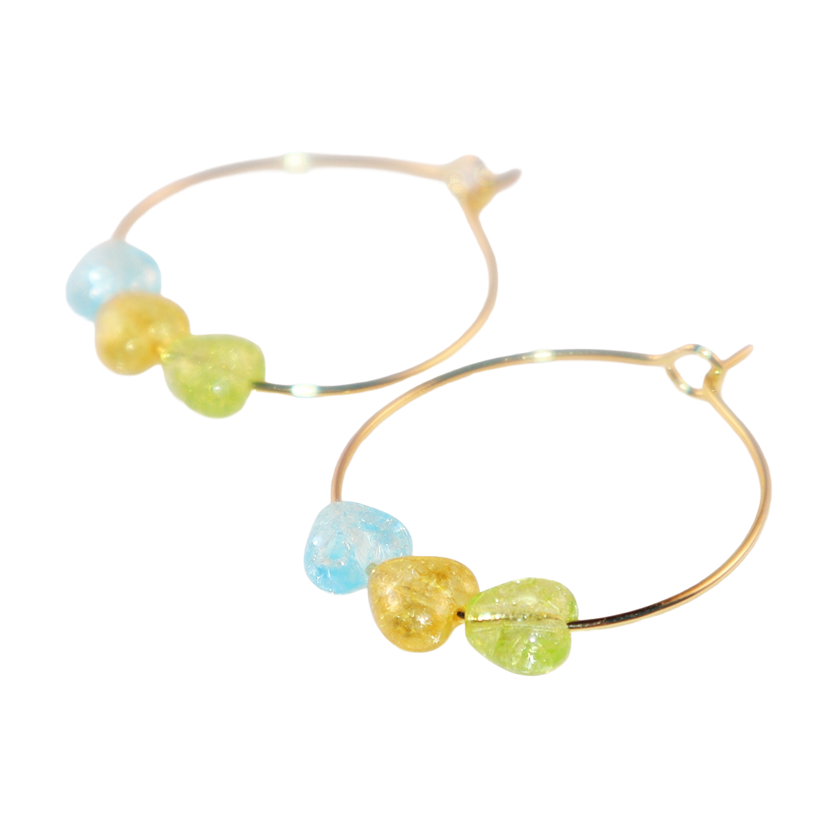 Multicolor Heart Hoop Earrings – Blue, Yellow, Green Beads