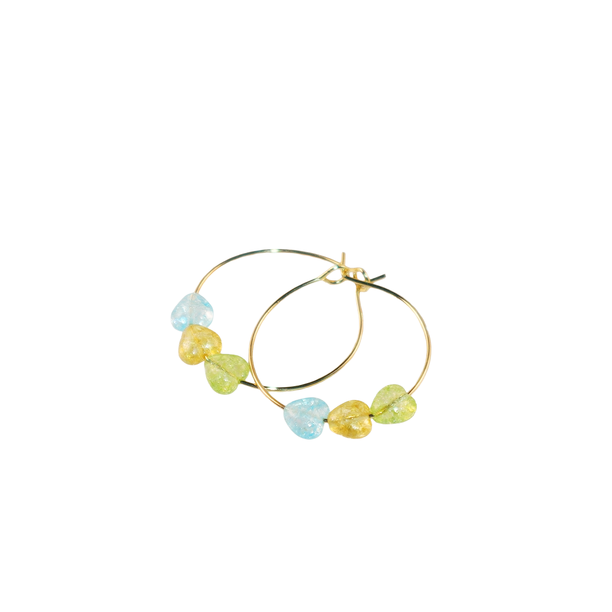 Multicolor Heart Hoop Earrings – Blue, Yellow, Green Beads