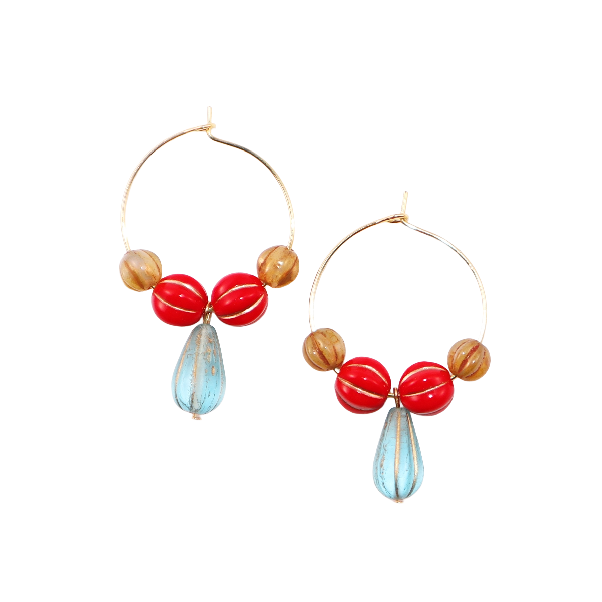 Blue Pendant Bead Hoop Earrings – Red and Brown Beads