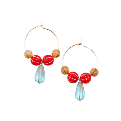 Blue Pendant Bead Hoop Earrings – Red and Brown Beads