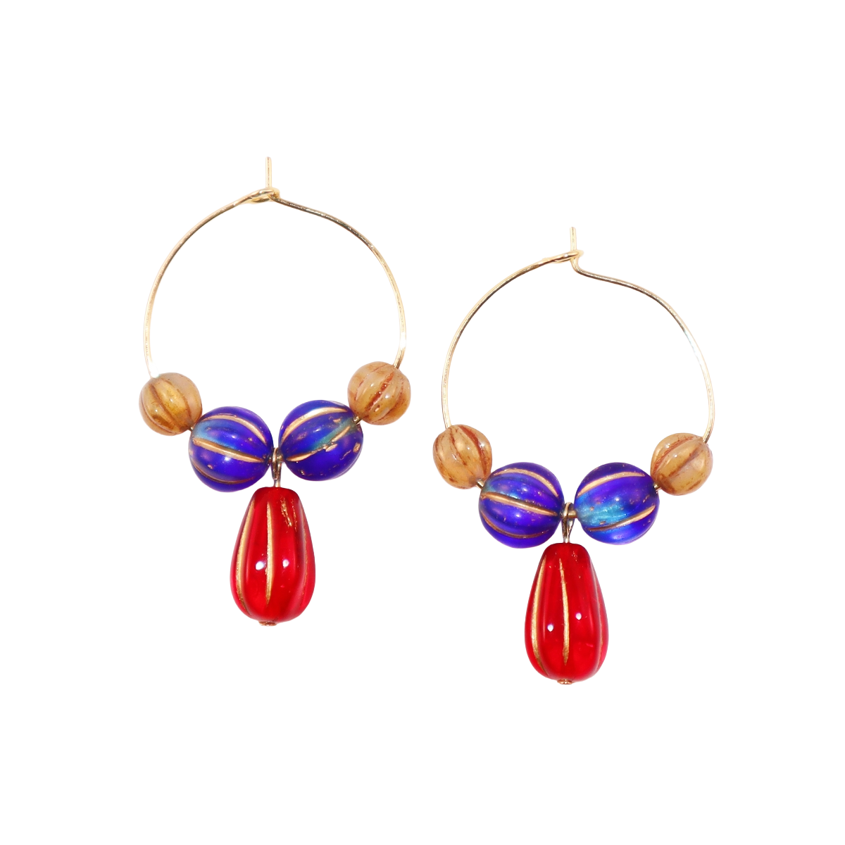 Red Pendant Beaded Hoop Earrings – Blue and Brown Beads