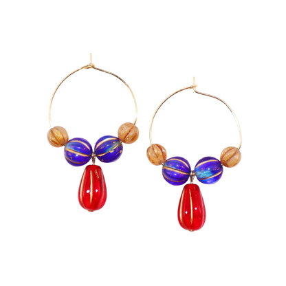 Red Pendant Beaded Hoop Earrings – Blue and Brown Beads