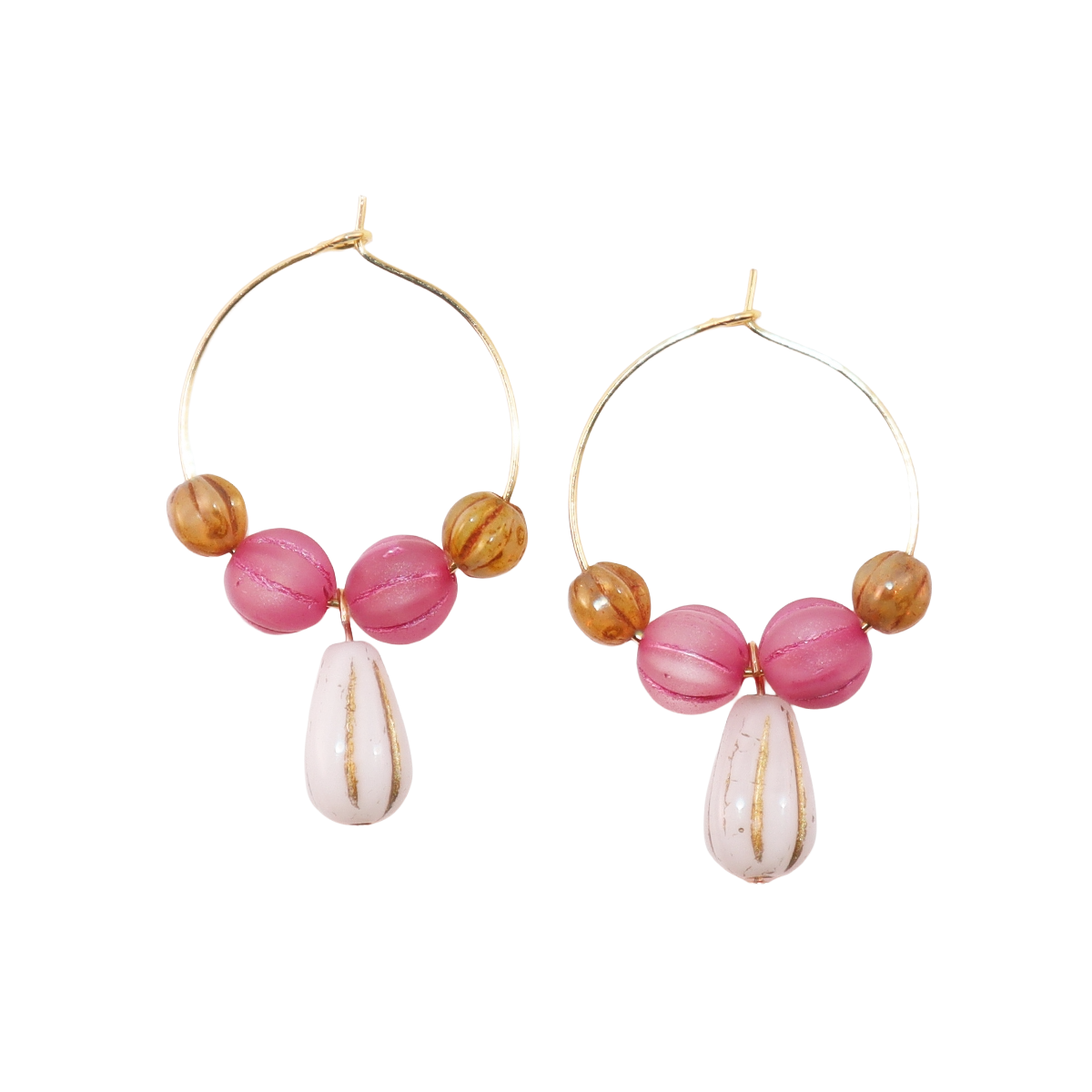 White Pendant Beaded Hoop Earrings – Pink and Brown Beads