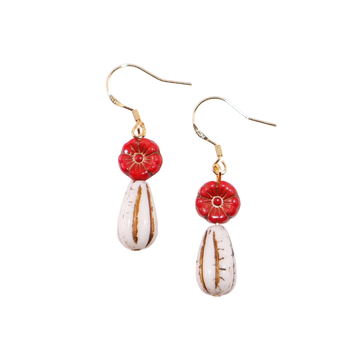 Red Flower Beaded Earrings – Red Flower and White Beads