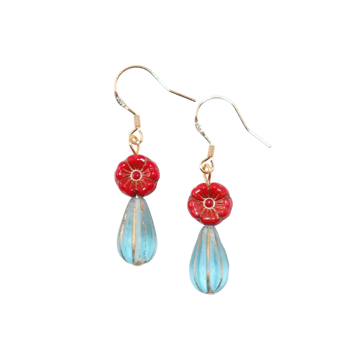 Red Floral Beaded Earrings – Red Flower with Blue Beads