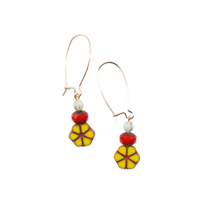 Yellow Flower Beaded Earrings –  Red and Mint Beads