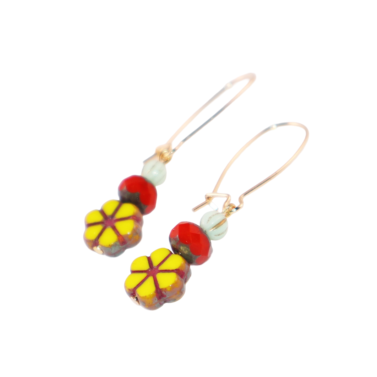 Yellow Flower Beaded Earrings –  Red and Mint Beads