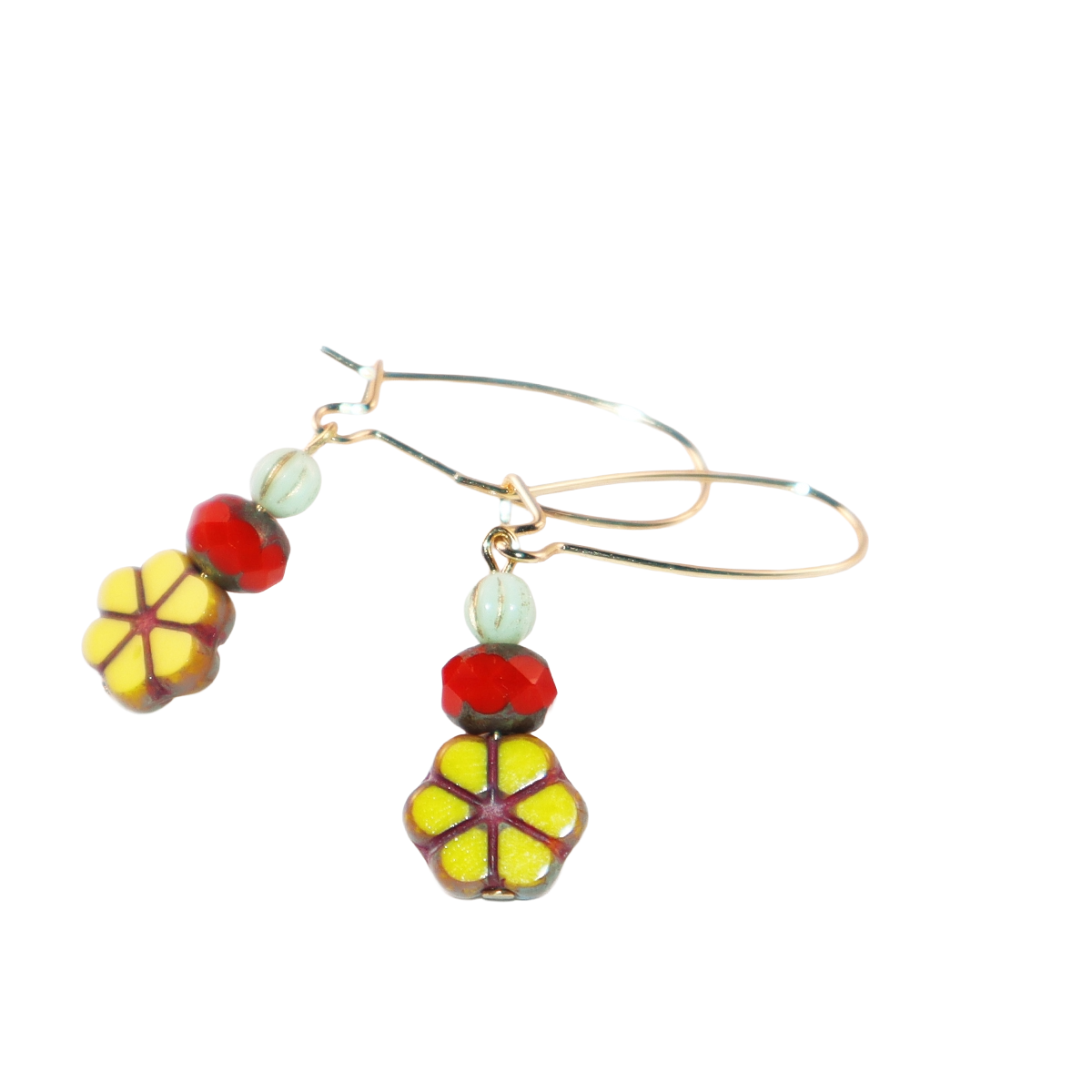 Yellow Flower Beaded Earrings –  Red and Mint Beads