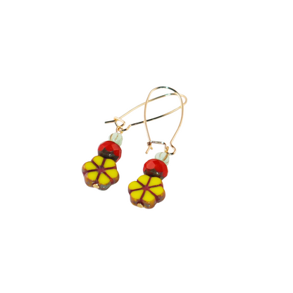 Yellow Flower Beaded Earrings –  Red and Mint Beads
