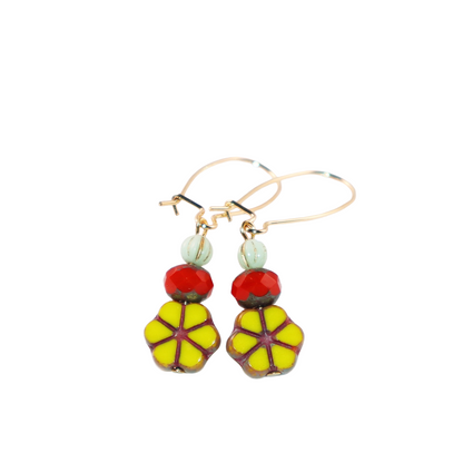 Yellow Flower Beaded Earrings –  Red and Mint Beads