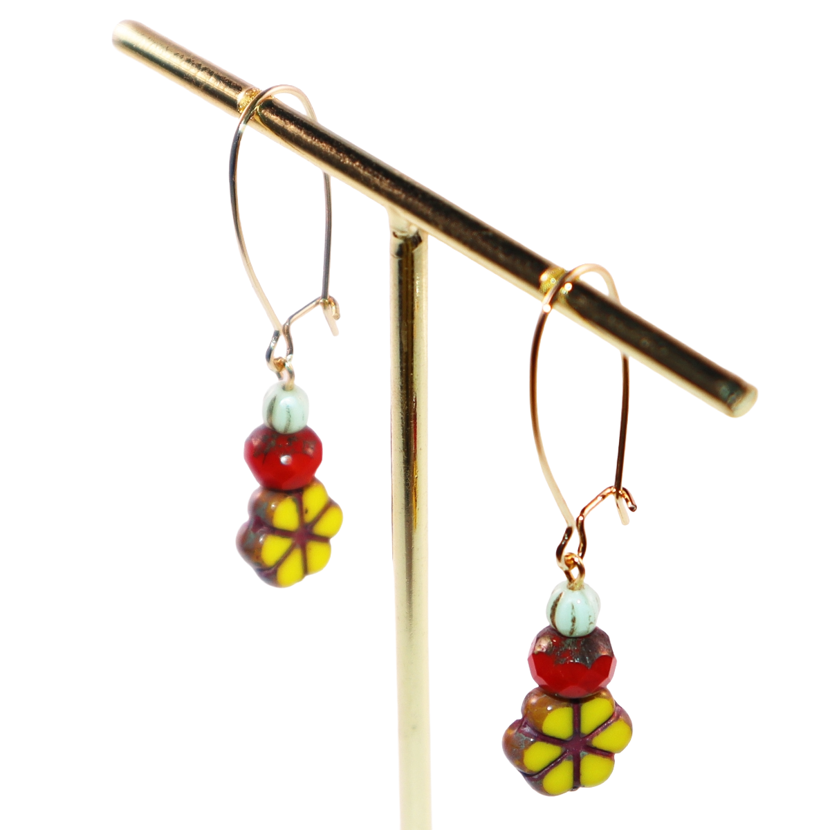 Yellow Flower Beaded Earrings –  Red and Mint Beads
