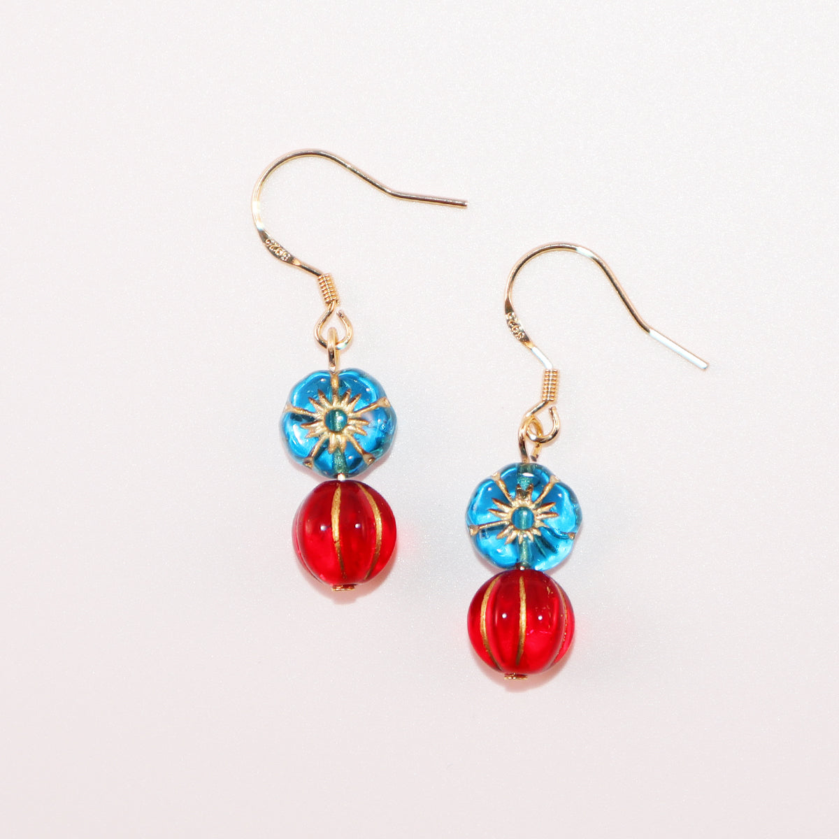 Beaded Earrings – Blue Flower and Red Accent Beads
