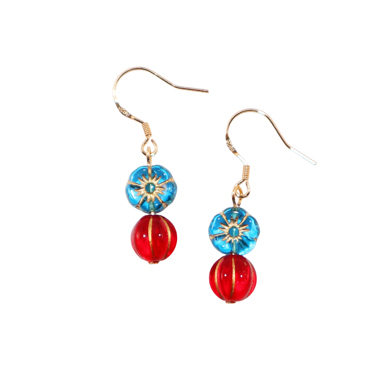 Beaded Earrings – Blue Flower and Red Accent Beads