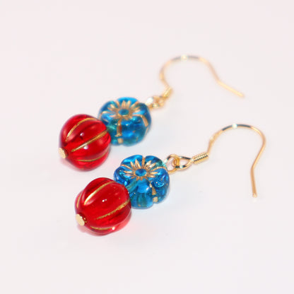 Beaded Earrings – Blue Flower and Red Accent Beads