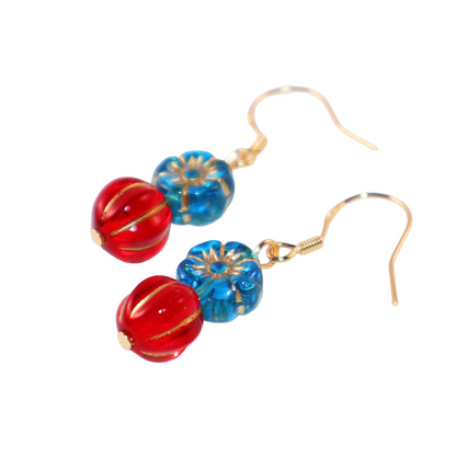 Beaded Earrings – Blue Flower and Red Accent Beads