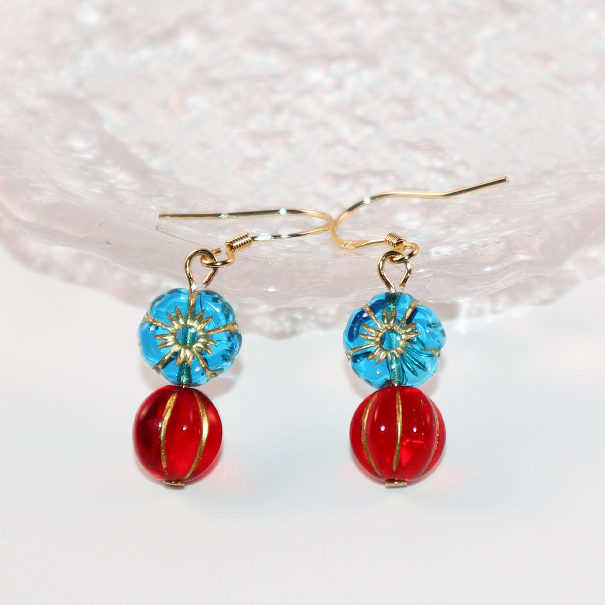 Beaded Earrings – Blue Flower and Red Accent Beads