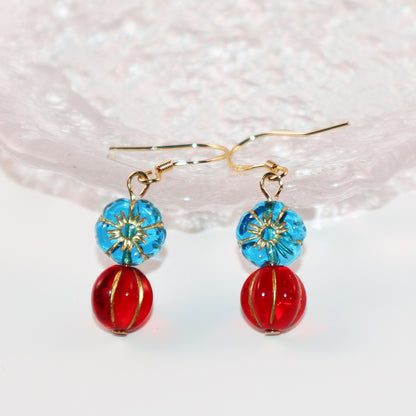 Beaded Earrings – Blue Flower and Red Accent Beads